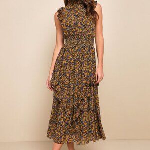 Lulu Evalina Mustard Yellow Floral Print Mock Neck Midi Dress